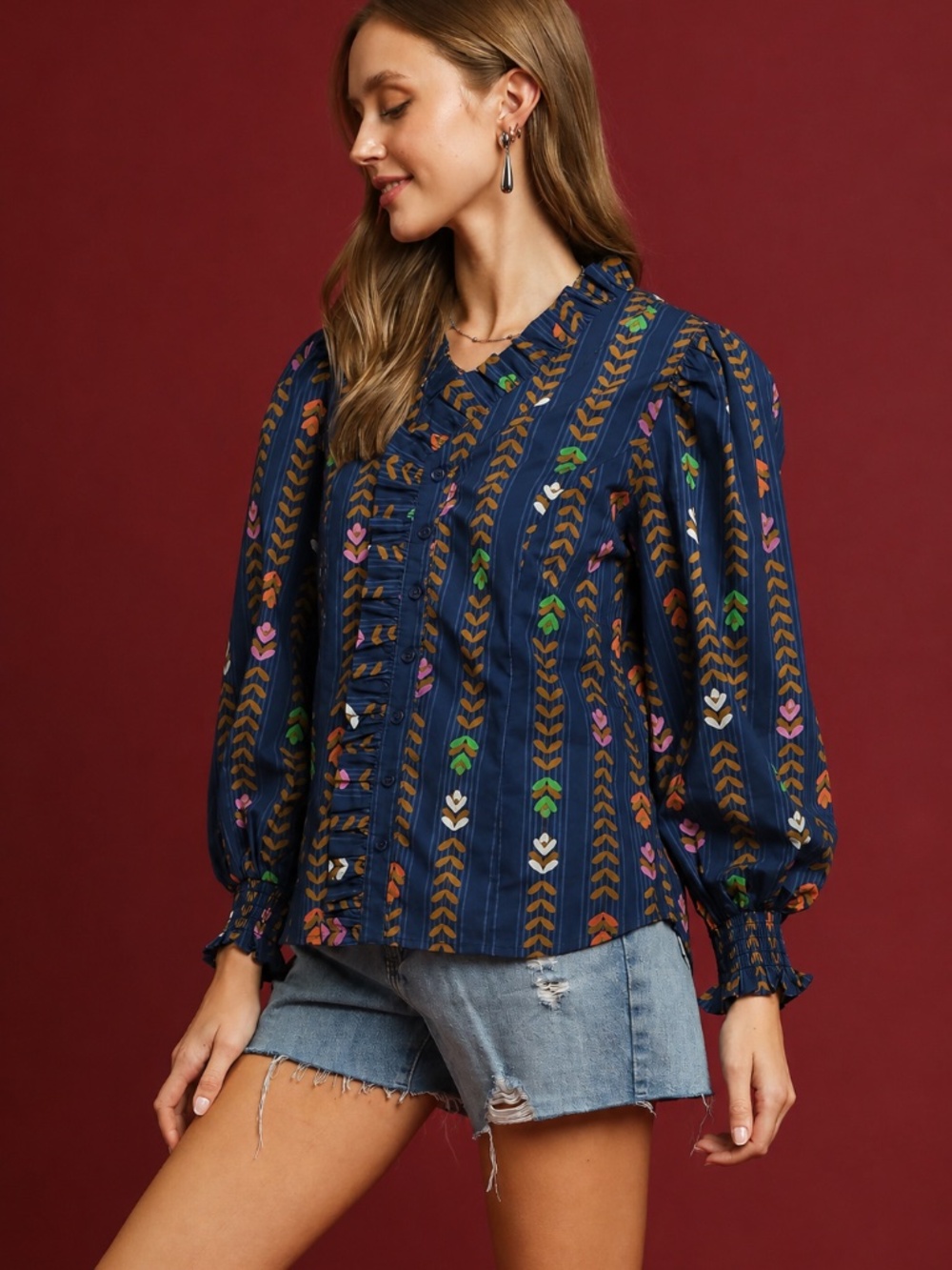 Umgee Midnight Mix Printed Blouse Ruffle V-Neck Boho Top NWT - Picture 4 of 9